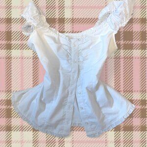 hollister White button-up blouse with ruffles on the shoulders and sleeves.